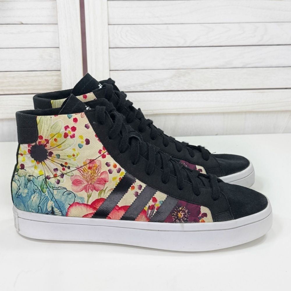 Adidas Court Vantage Floral Mid Top Lace Up Sneakers Cream Black Men 10.5 S78854